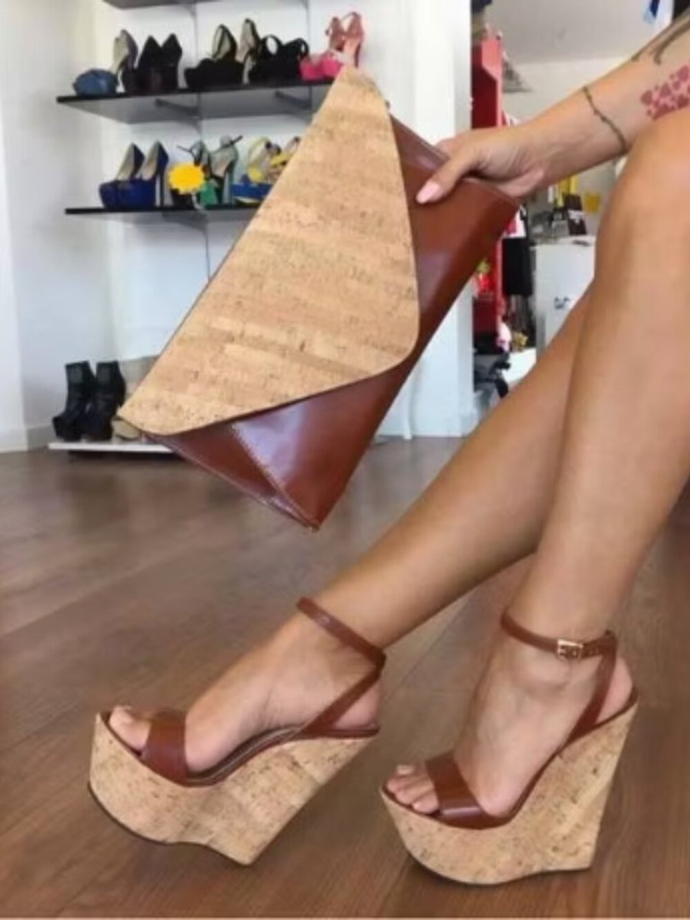 FSJ Tan Open Toe Ankle Strap Wedge Heel Platform Sandals